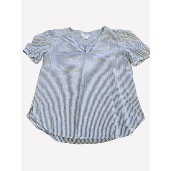 Treasure & Bond Blue White Striped Blouse Medium Split Neck Short Sleeve Top - Picture 2 of 6